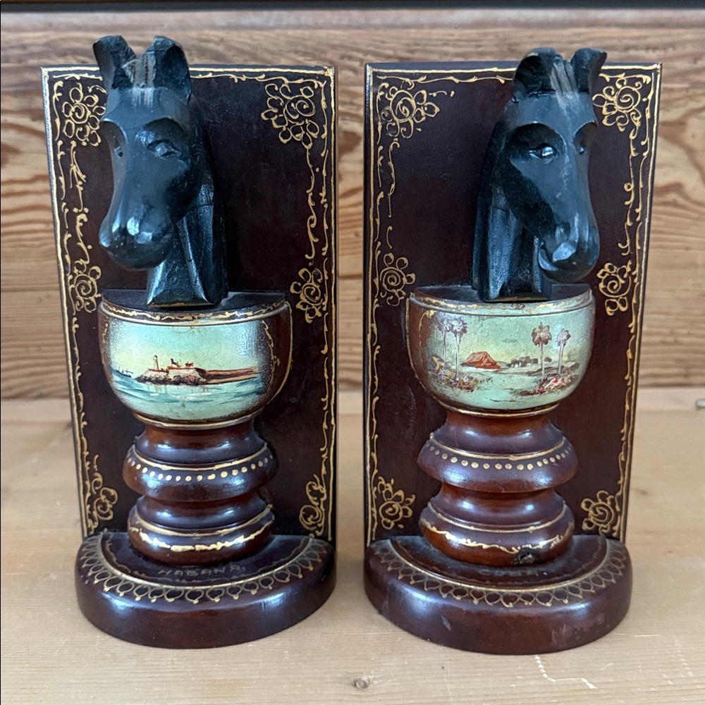 Antique Wood Carved Horse Head Bookends with Handpainted Scenes of Havana, Cuba